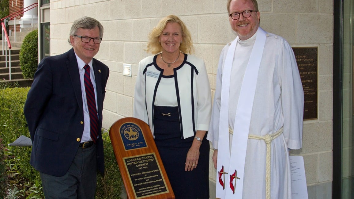 Ted Campbell, Cammy Gaston, Rev. Jeff Hall with the marker