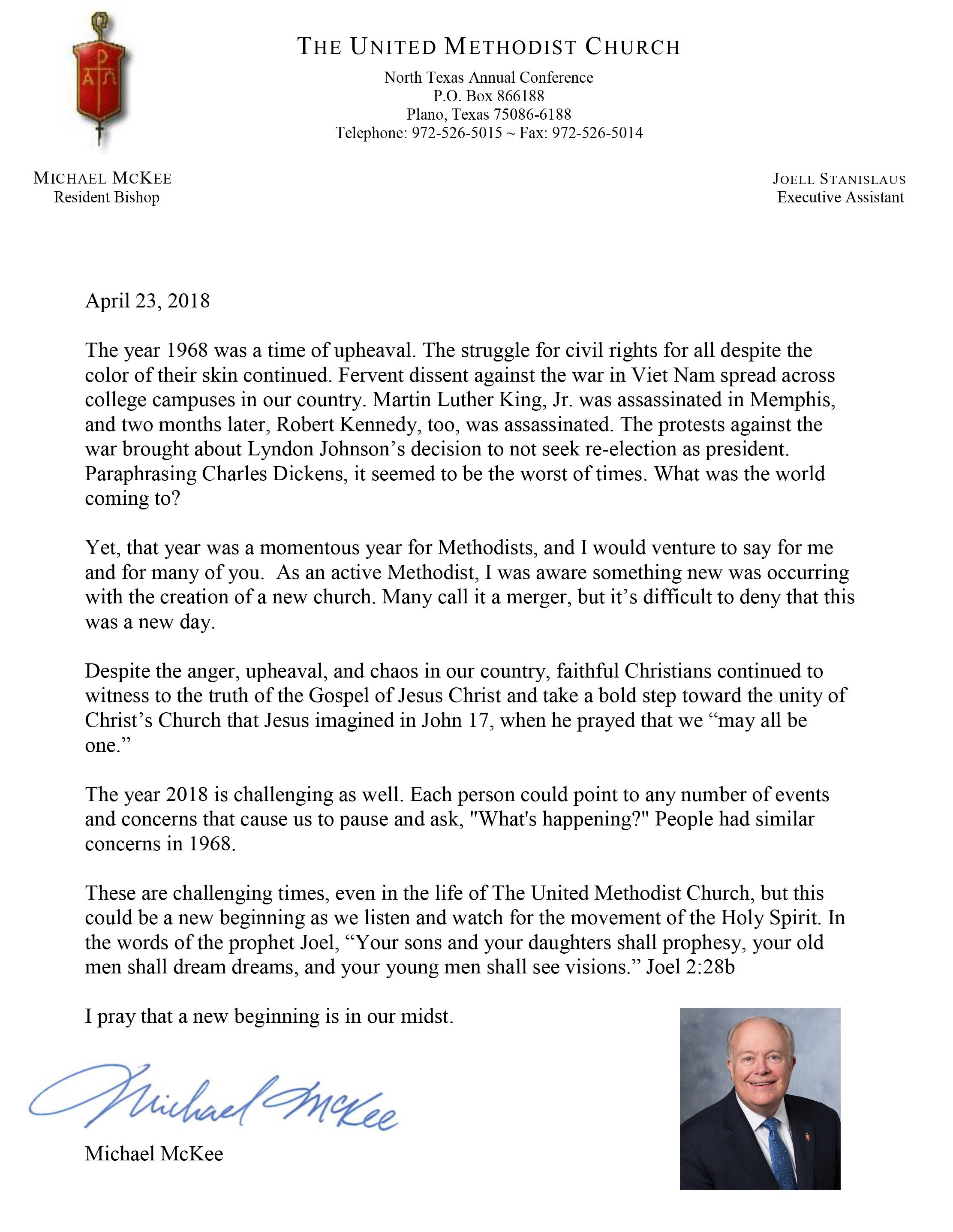 Bishop's letter from April 23, 2018