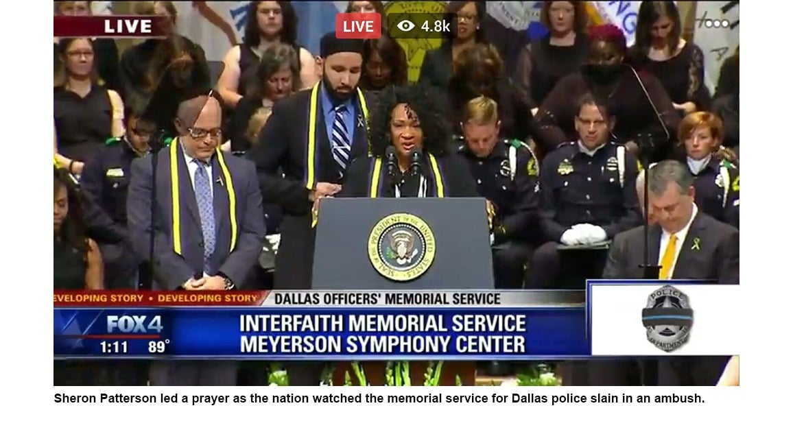 Sheron Patterson led a prayer as the nation watched the memorial service for Dallas police slain in an ambush.