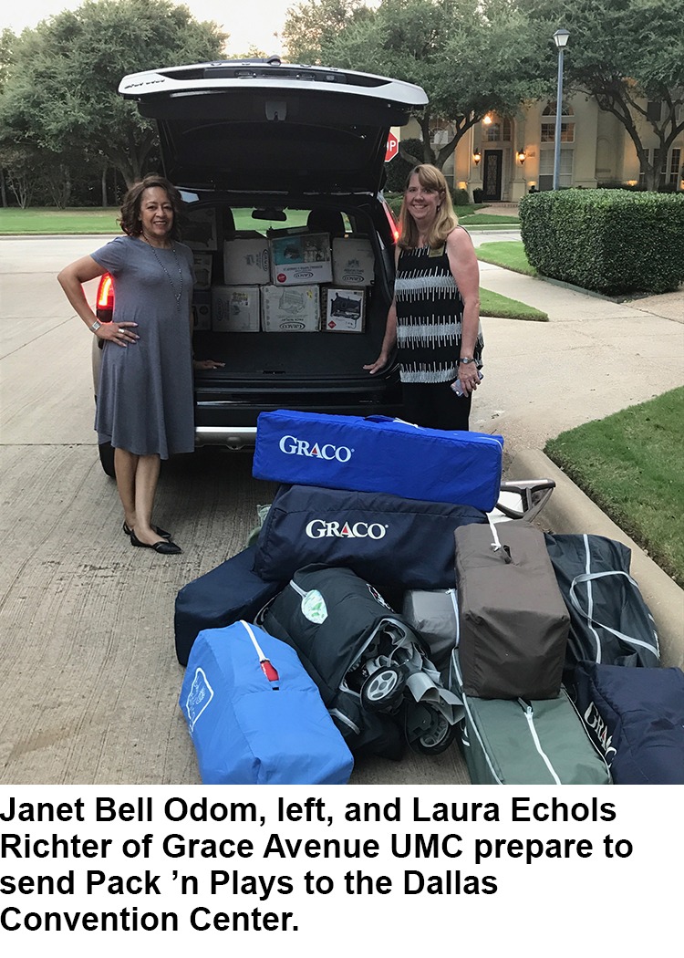 Janet Bell Odom, left, and Laura Echols Richter of Grace Avenue UMC prepared to send Pack ’n Plays to the Dallas convention center.