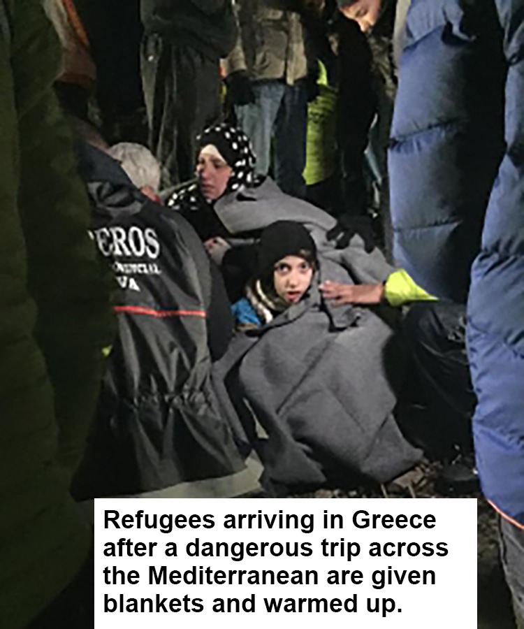 Refugees under blankets